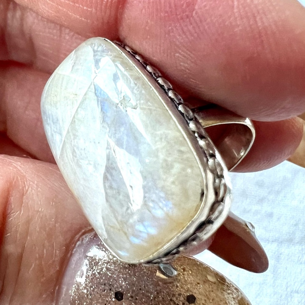 925 *flaw* Blue Flash PEACH MOONSTONE Ring 7.5 - Picture 5 of 12